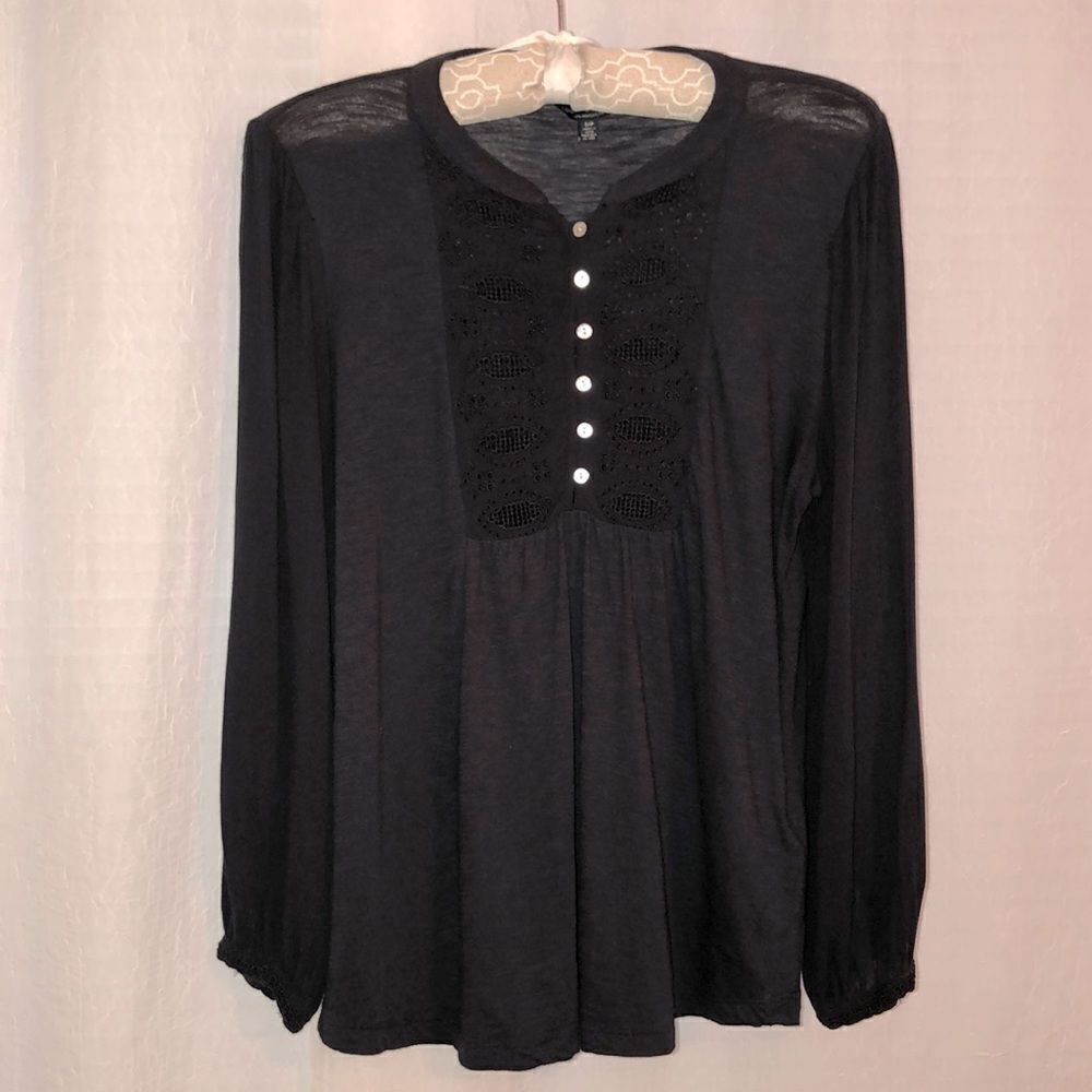 Lucky Brand S Black Cotton/Modal/Viscose Boho Embroidered Pullover Top